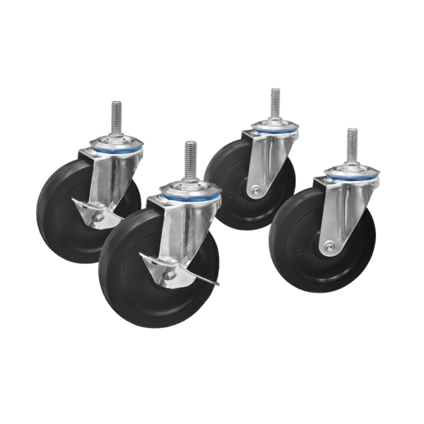 4" Black Industrial Rubber Castors Set (2 Swivel, 2 Side Brakes)